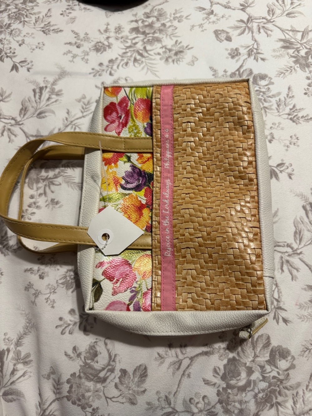 Woven Straw & Floral Accent Bible  Bag in Natural and Pink